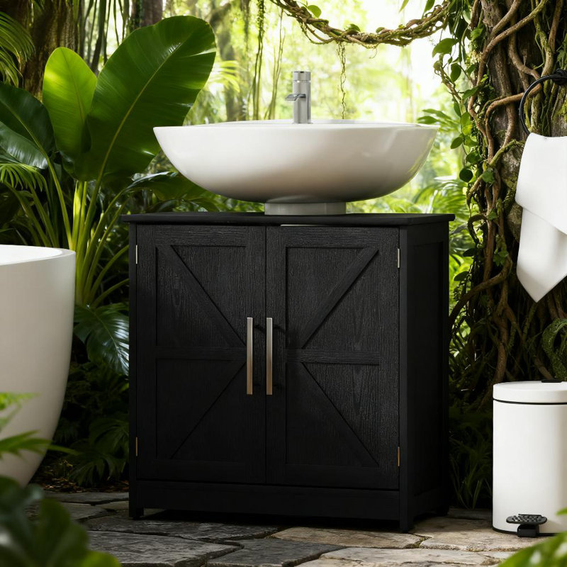 Pedestal Sink Storage Cabinet, Bathroom Sink Cabinet With 2 Barn Doors And Adjustable Shelf (Without Washbasin), Black