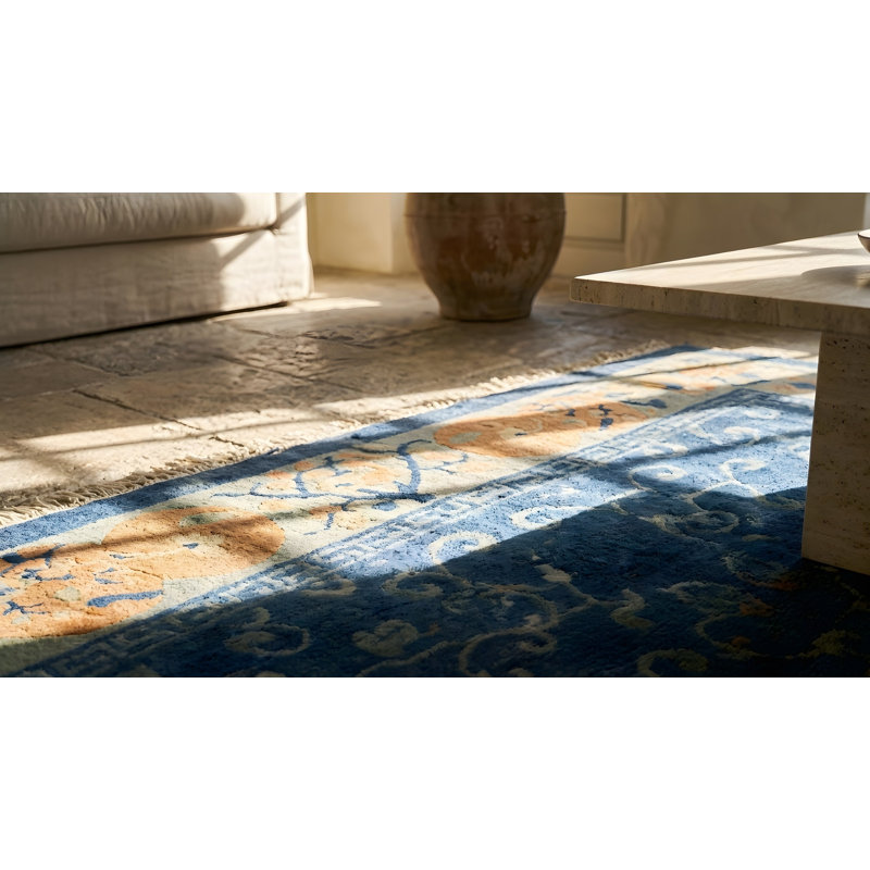 Tapis bleu antique en soie bleue