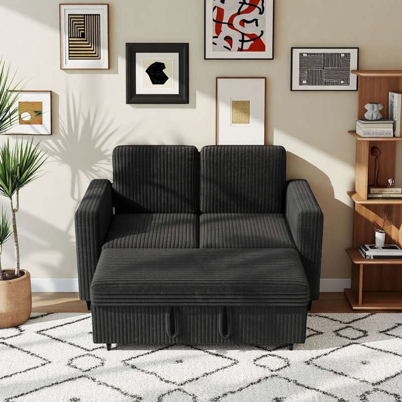 58.1'' Corduroy Modular 2-seat Pull-out Sofa Bed, Black