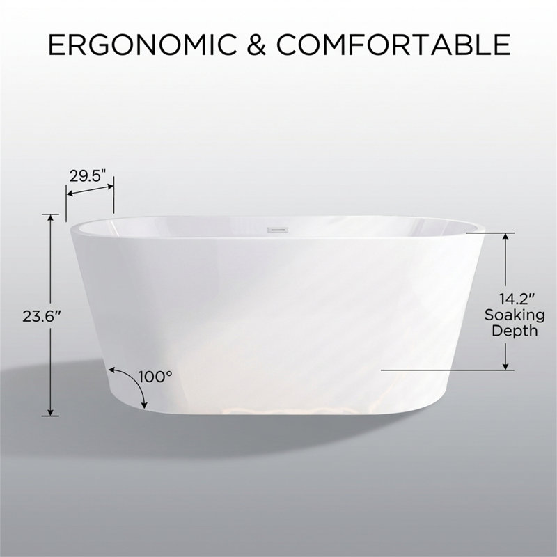 Baignoire autoportante moderne en acrylique de 55 po, baignoire ergonomique avec isolation à double couche, drain et trop-plein chromés