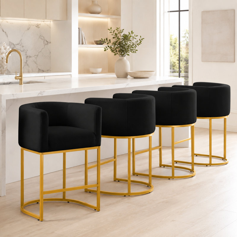 Upholstered Barrel Counter Stool, Camel, Black