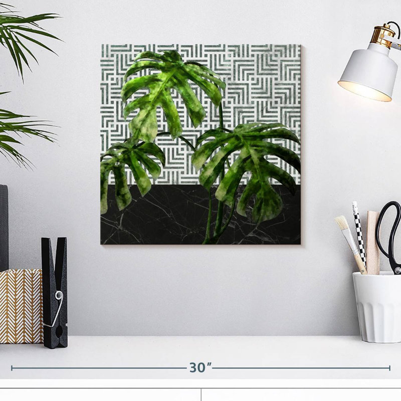Harnek Monstera Leaves On Black Marble And Tiles, 16" H x 16" W