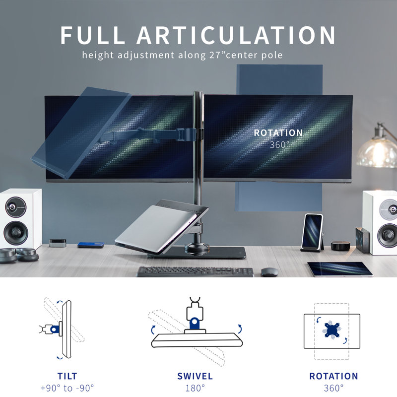 VIVO Laptop and Dual Monitor Desk Stand with Glass Base, Fits up to 32" Screen
