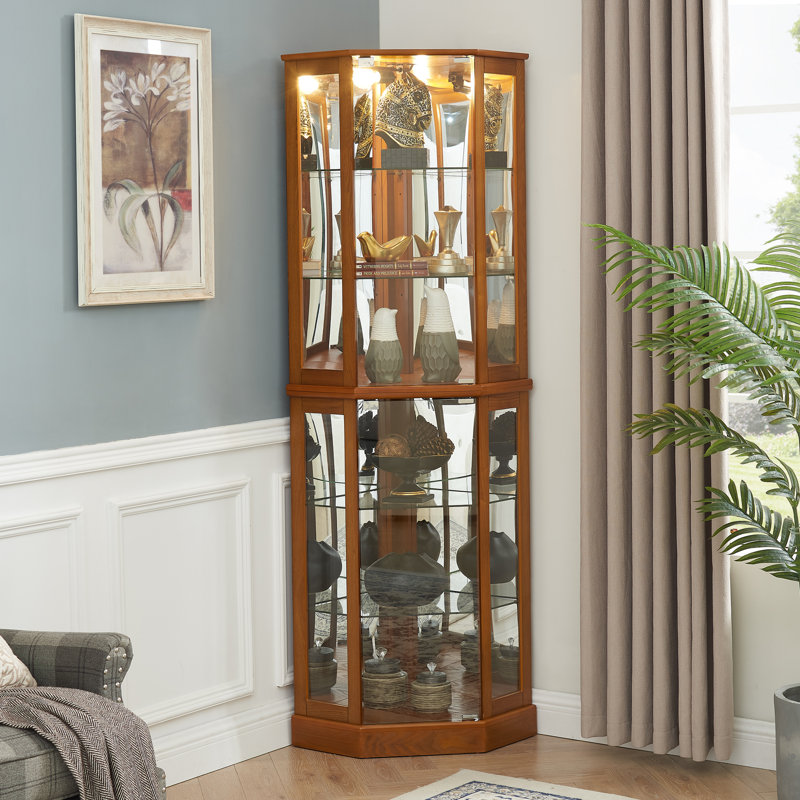 6 Shelf Corner Curio Display Cabinet with Lights, Mirrors And Adjustable Shelves, Oak