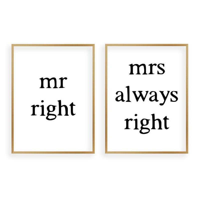 Mr Right Mrs Always Right - 2 Piece Print, Brushed Copper Frame, 61cm H x 43cm W x 2.5cm D, Black
