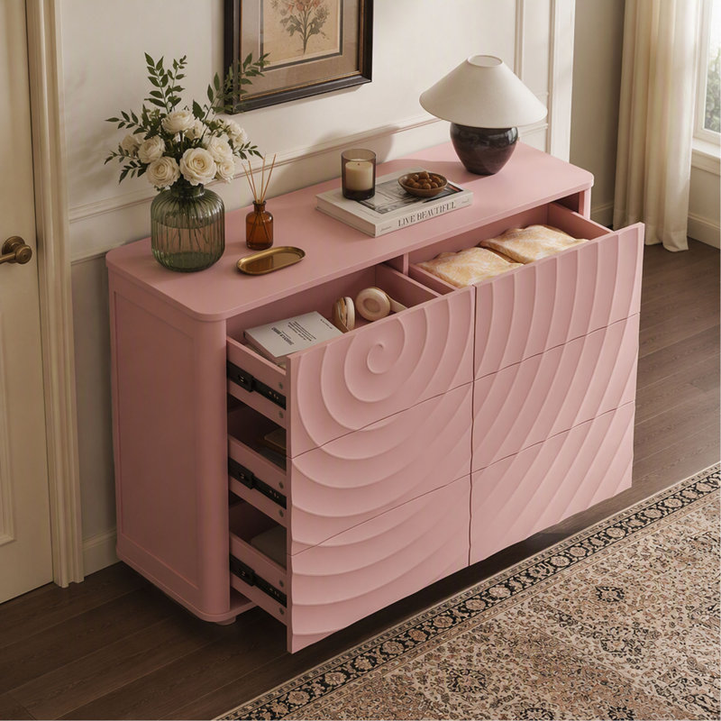 Commode à 6 tiroirs de 118 cm (46,5 pouces) au design ondulé sans poignées, meuble de rangement moderne pour chambre à coucher
