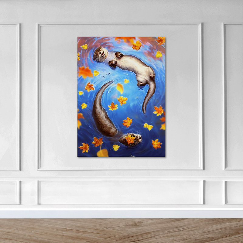 Deux loutres nageant ensemble - peinture sur toile tendue, H 14 po x l 11 po x P 2 po