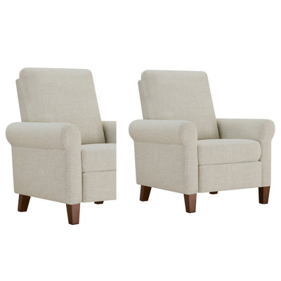 Modern Upholstered Push-Back Roll Arm Recliner Armchair with Solid Wood Legs(Set of 2)