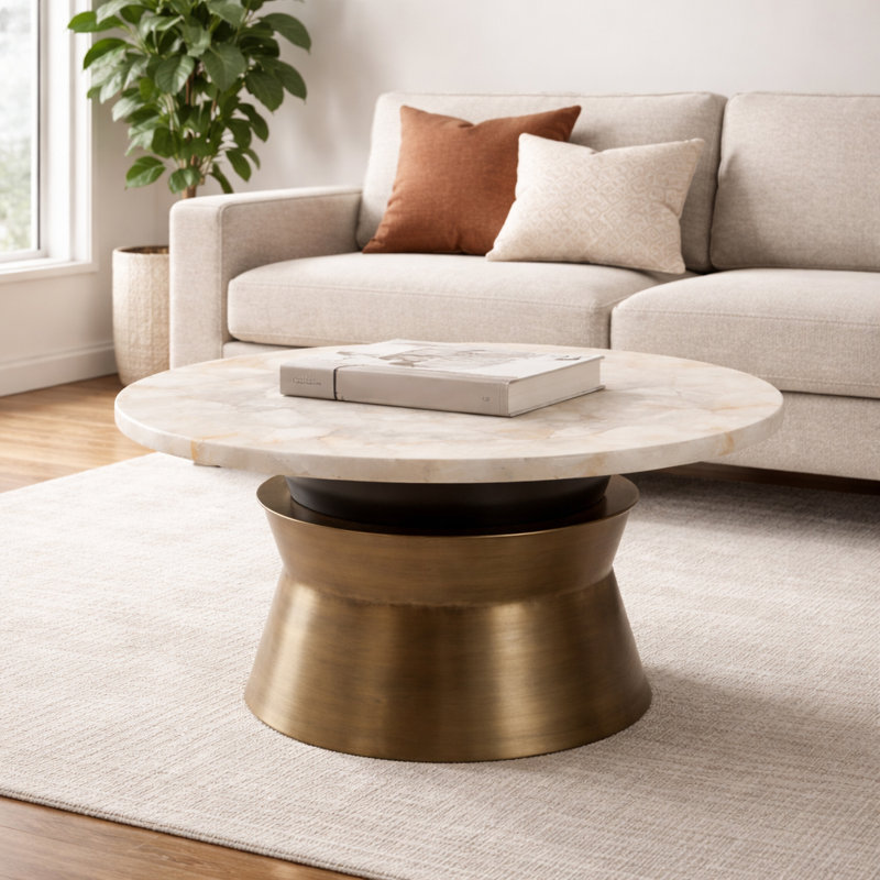 Ernstfried Modern Round Agate Top Coffee Table With Metal Base For Family Living Room - Sculptural Small Table Accent For Lounge Area - 30", Gold & White