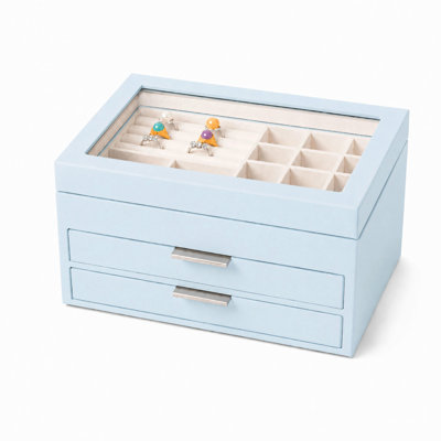  Wooden Jewellery Box With Glass Lid, 2 Drawers, Ring Slots & Multi-compartment Organizer For Jewellery, Watches And Accessories