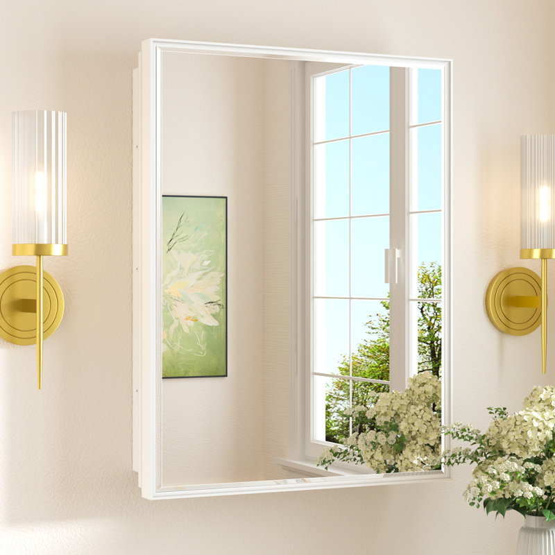 Cyrille Recessed & Surface Framed Medicine Cabinet with Mirror and Shelves, 24" H x 16" W x 5.2" D, Gold/White