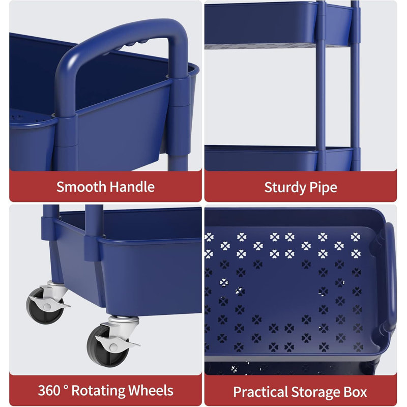 Plastic Rolling Utility Cart with, Blue