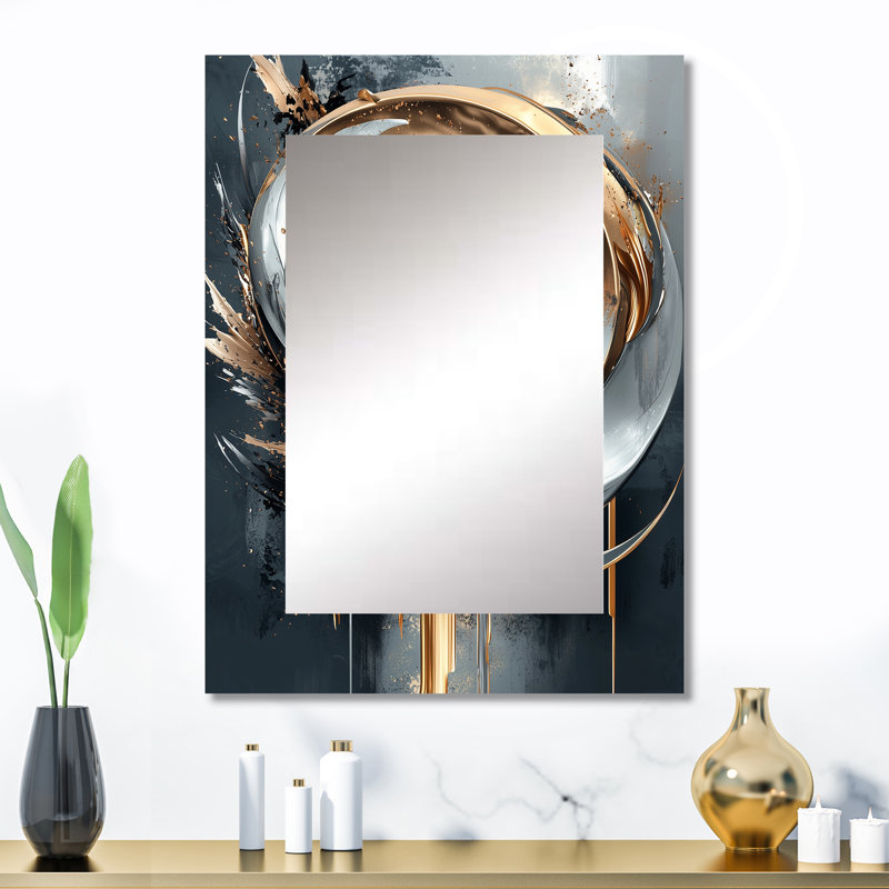 Black And Gold Moon Lines I - Abstract Shapes Mirror, Gold Decorative Wall Mirror, Printed Metal Art, 32" x 24"