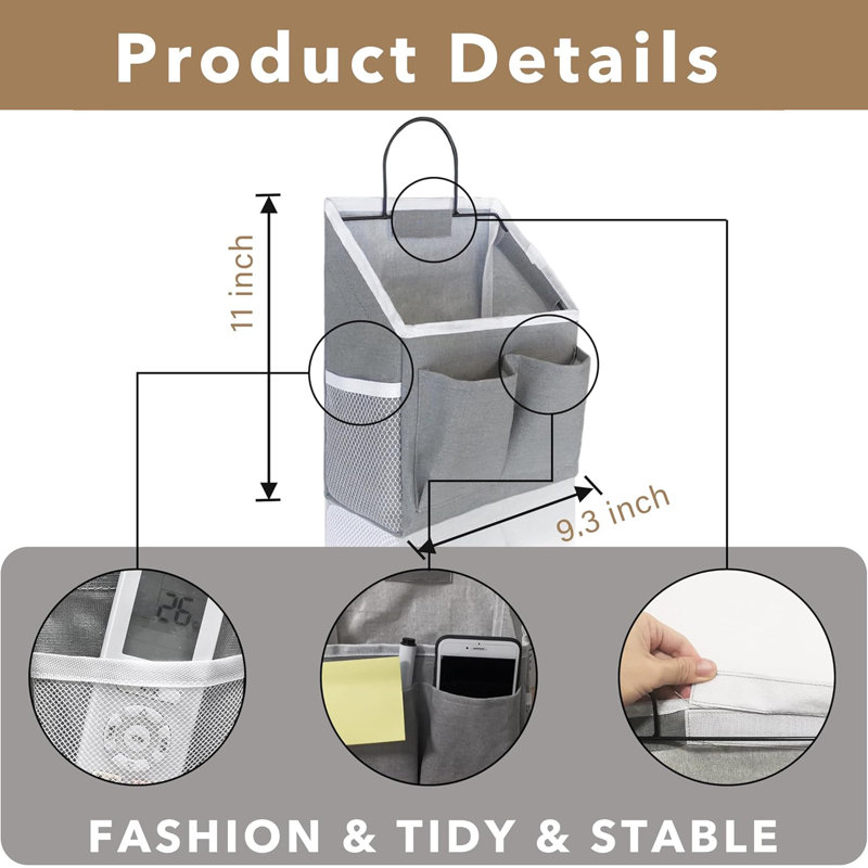 3pcs Small Wall Hanging Organizer Bag, Fabric Door Hanging Storage Basket with Pockets, Grey
