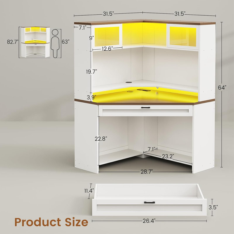 Bureau en coin de 31,5 po avec tiroirs, petit bureau d'ordinateur avec tablettes de rangement et huche, bureau de jeu avec lumières DEL et multiprise pour bureau personnel, blanc et brun