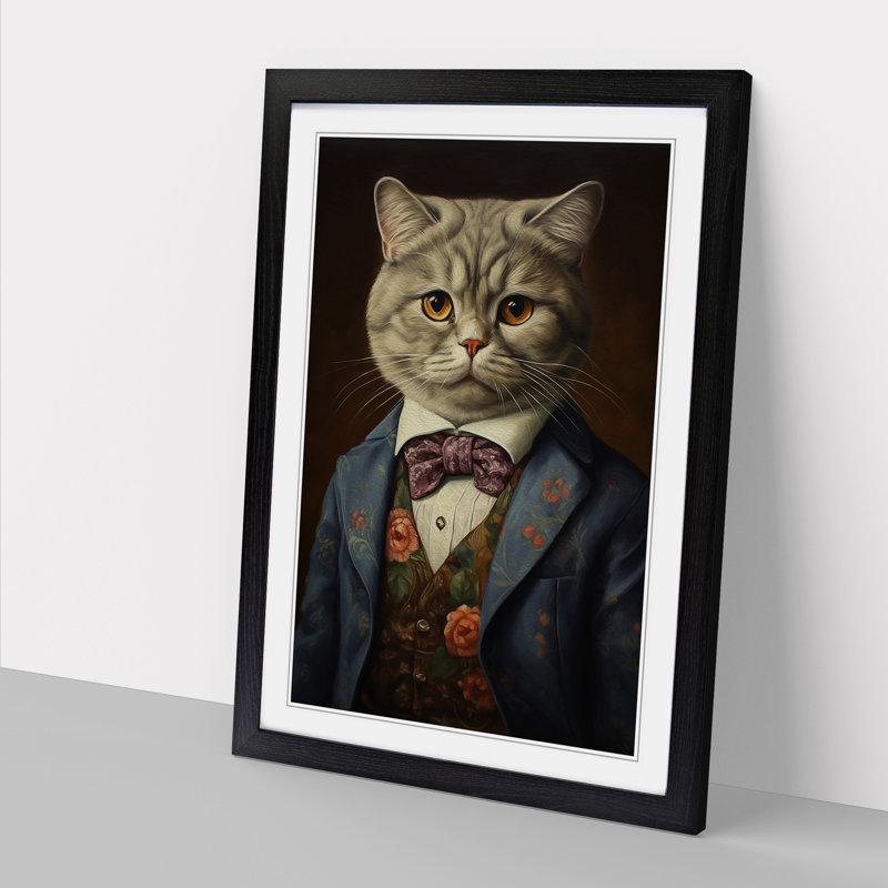 Cat In A Suit Painting No.3 - Single Picture Frame Print on Wood, 46cm H x 34cm W x 2cm D, Black Framed