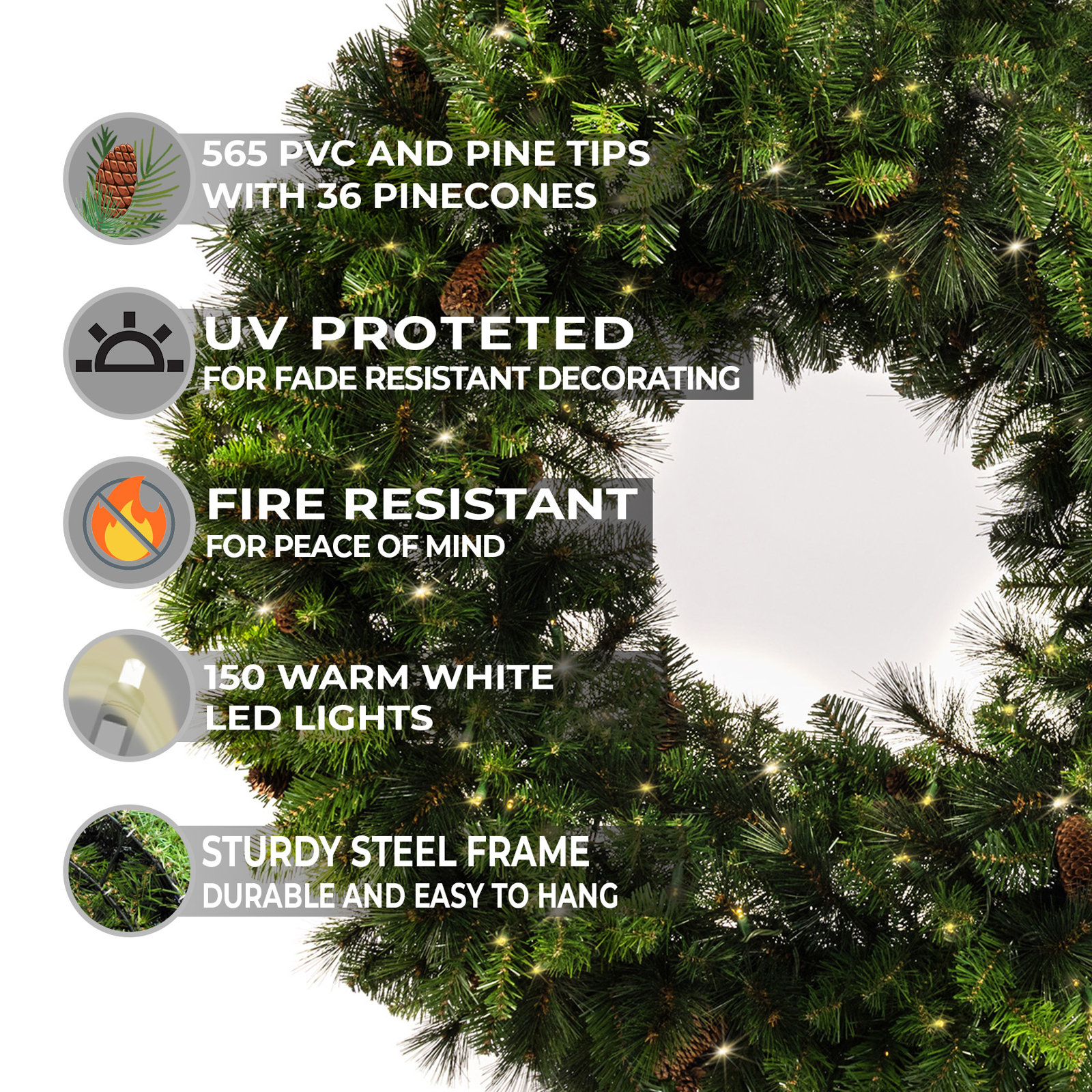 Faux Fir Lighted Wreath, 37" H x 13" W x 43" D