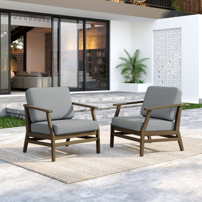 Solid Wood Teak Outdoor Lounge Chair With Cushion And Arms, Brown, Gray