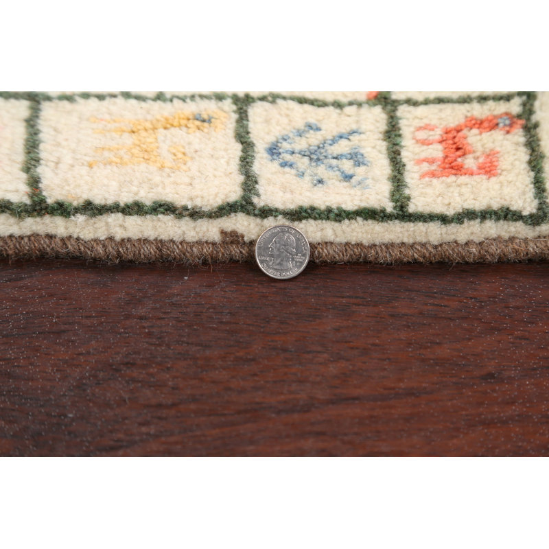 Tapis carré en laine noué à la main de conception unique de 1 pi 4 po de couleur ivoire / bleu / rouge Alaga
