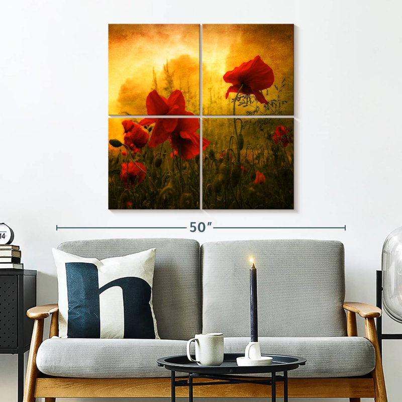 Coquelicots rouges Harnek au coucher du soleil, H 32 po x l 32 po