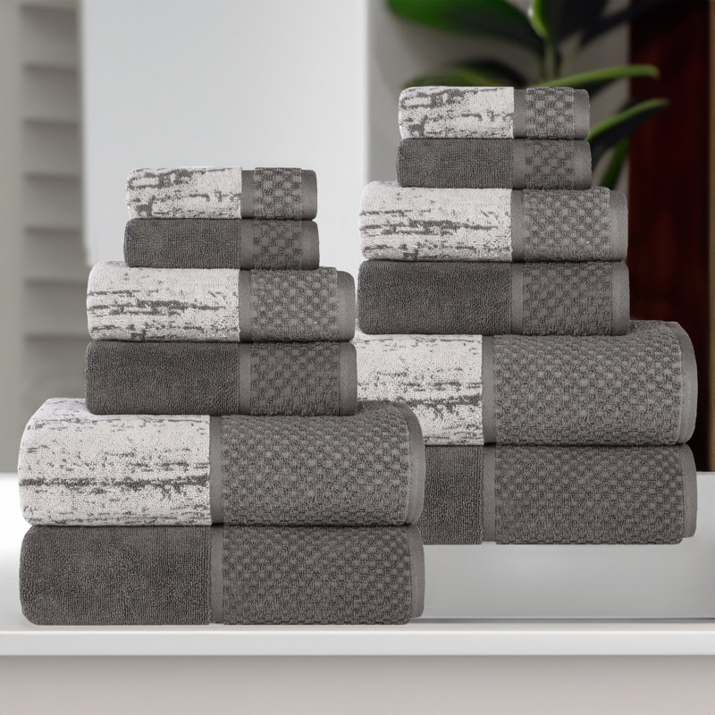 Lodie Cotton Plush Soft Absorbent Jacquard Solid and Two-Toned 12 Piece Towel Set, Charcoal-Silver