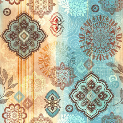 Boho Medallion Wall Mural | Teal and Orange Bohemian Pattern Wallpaper | Non-Woven or Peel and Stick