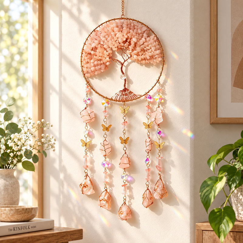 Décoration murale Arbre de Vie avec accents papillons, carillon éolien en cristal naturel