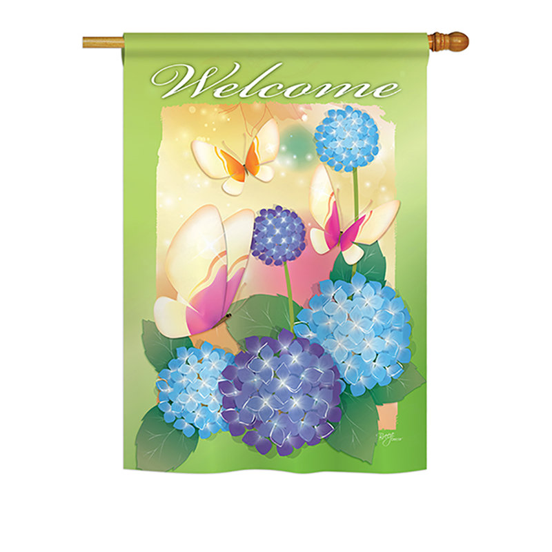 Drapeau maison en polyester 2 côtés welcome papillons, H 40 po x l 28 po