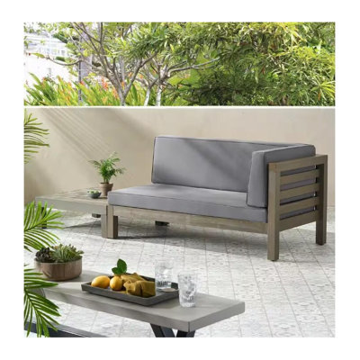 Banc d'extérieur à coin droit avec table basse Oana, coussins gris foncé, bois d'acacia