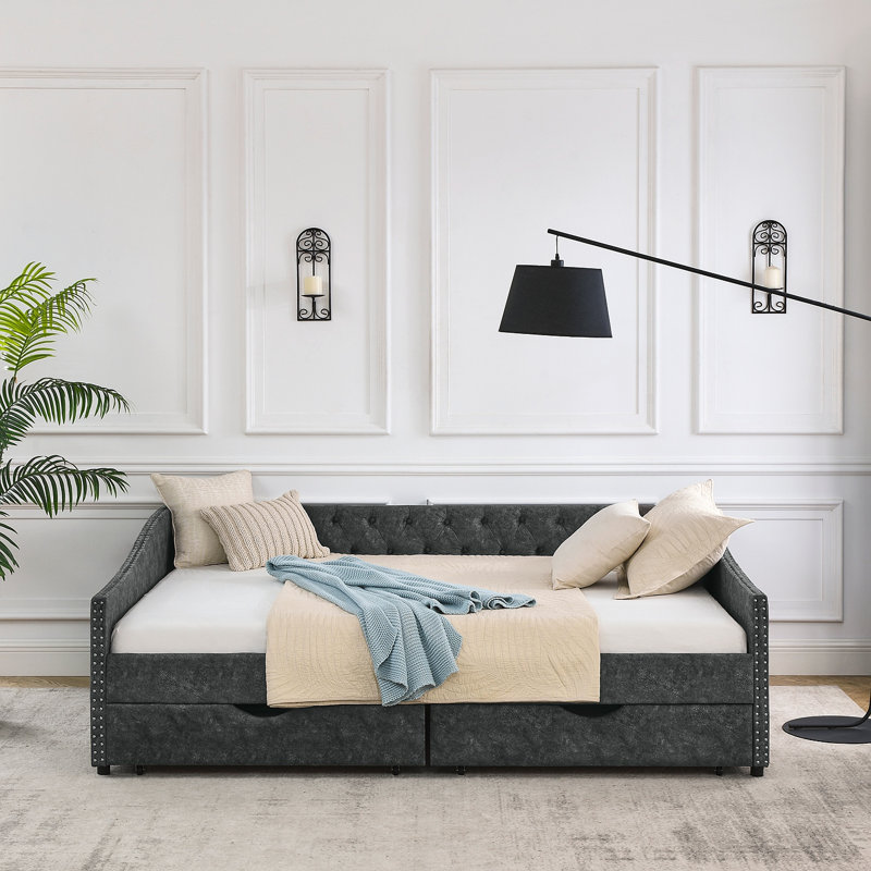 Queen Size Daybed With Drawers Upholstered Tufted Sofa Bed,,With Button On Back And Copper Nail On Waved Shape Arms, Grey (84.5"X63.5"X26.5")
