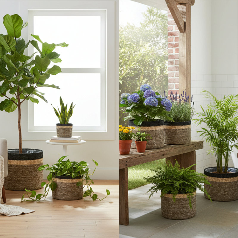 Jardinière en ruppie maritime 3 pièces naturelle, grise et noire