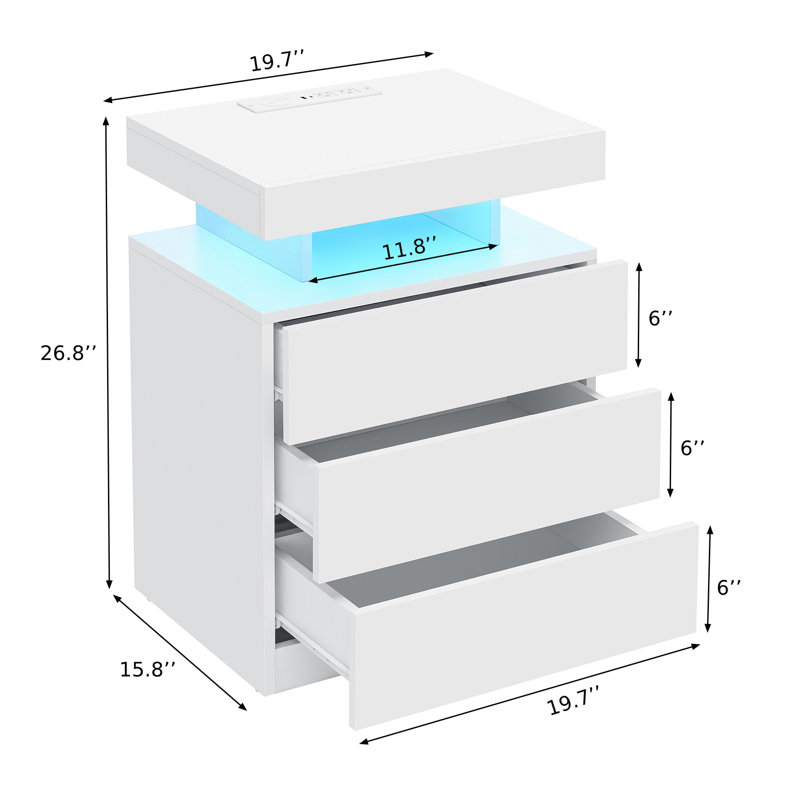 Gebelein Manufactured Wood Nightstand with Wireless Charging Station and LED Lights, White