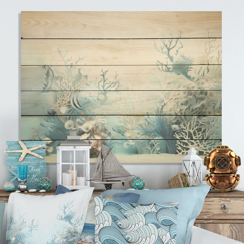 Blue And White Sea Dragons Dance Collage I - Coastal Coral Under Water Wood Wall Art On Natural Pine Wood, 24" H x 32" W