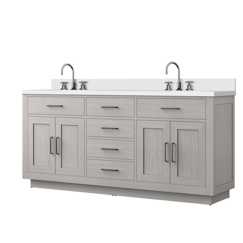 Abbey 72 in W x 22 in D Oak Double Bath Vanity, Chrome Faucet Set, White Oak, White Cultured Marble