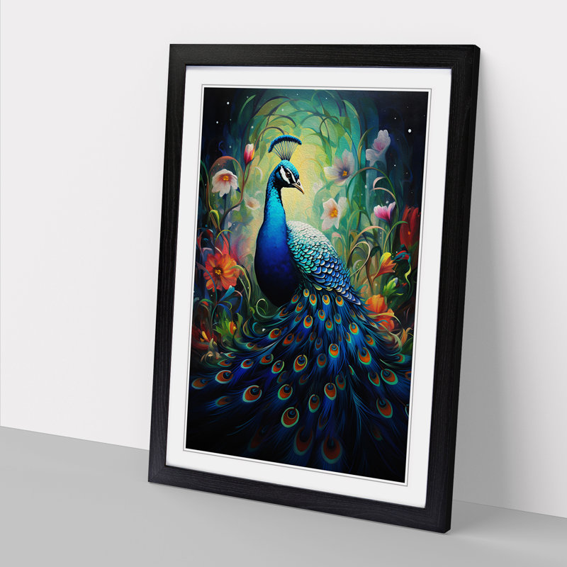 Peacock Modern - Single Picture Frame Print on Wood, 64cm H x 46cm W x 2cm D, Black Framed