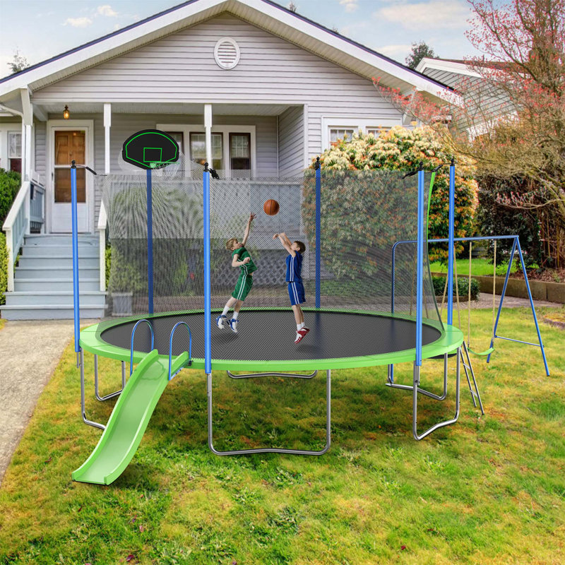 Trampoline polyvalent de 14 pi avec glissade, balançoires et multiples fonctions de sécurité pour tous les âges