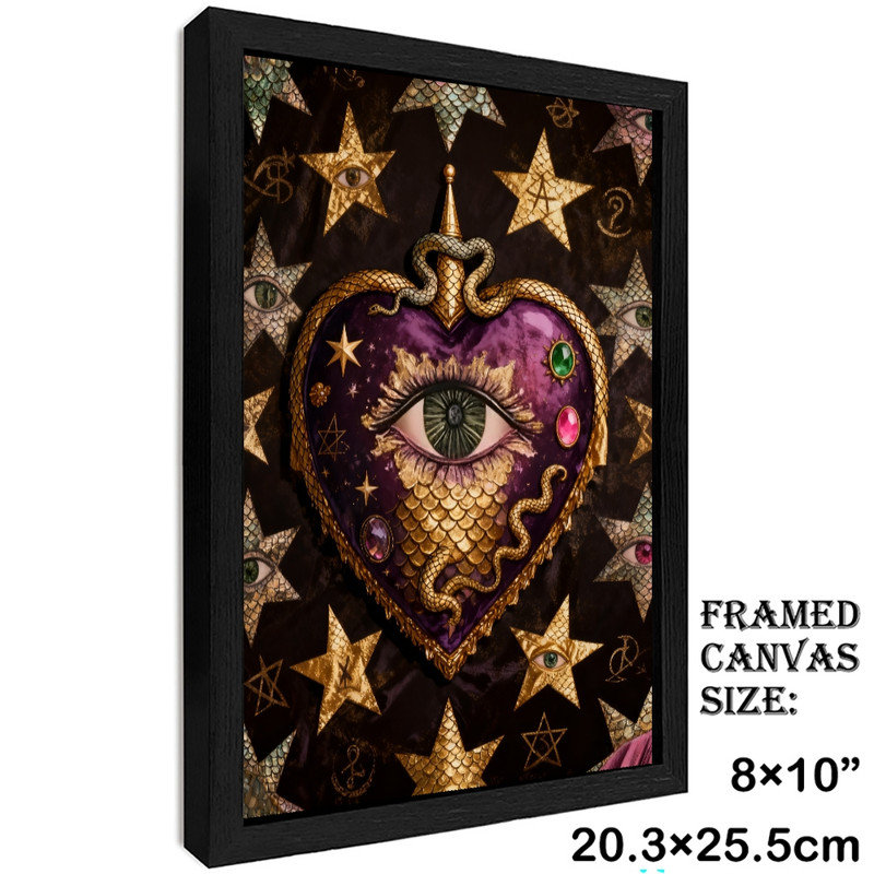 Art mural encadré noir "Mystical Heart & Eye" - décorations ornementales bohémiennes, H 11 po x l 9 po