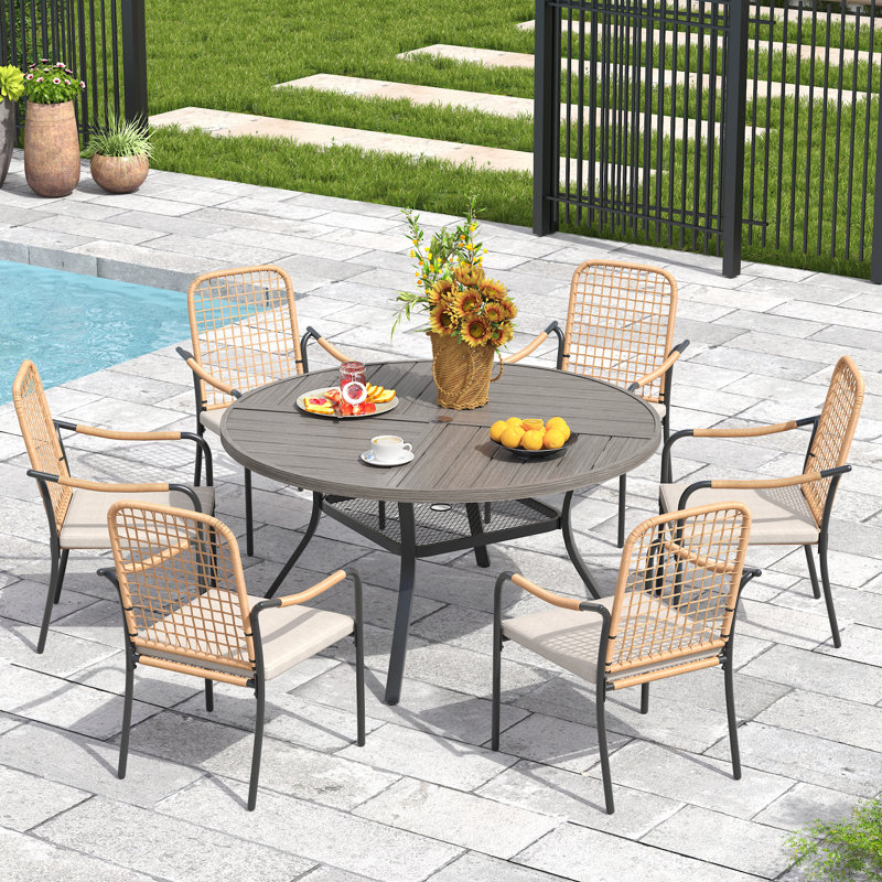 6-Person Outdoor Patio Dining Set With Rattan Chairs, Gray Woodlike