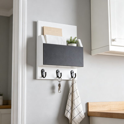 Porte-clés mural et porte-courrier avec 2 fentes, organisateur de vestibule avec 3 crochets robustes pour manteaux et laisses pour chiens, porte-clés décoratif avec tableau noir pour notes