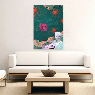 Affiche murale représentant une déesse du soleil dans un paysage floral céleste, onirique et mystique.