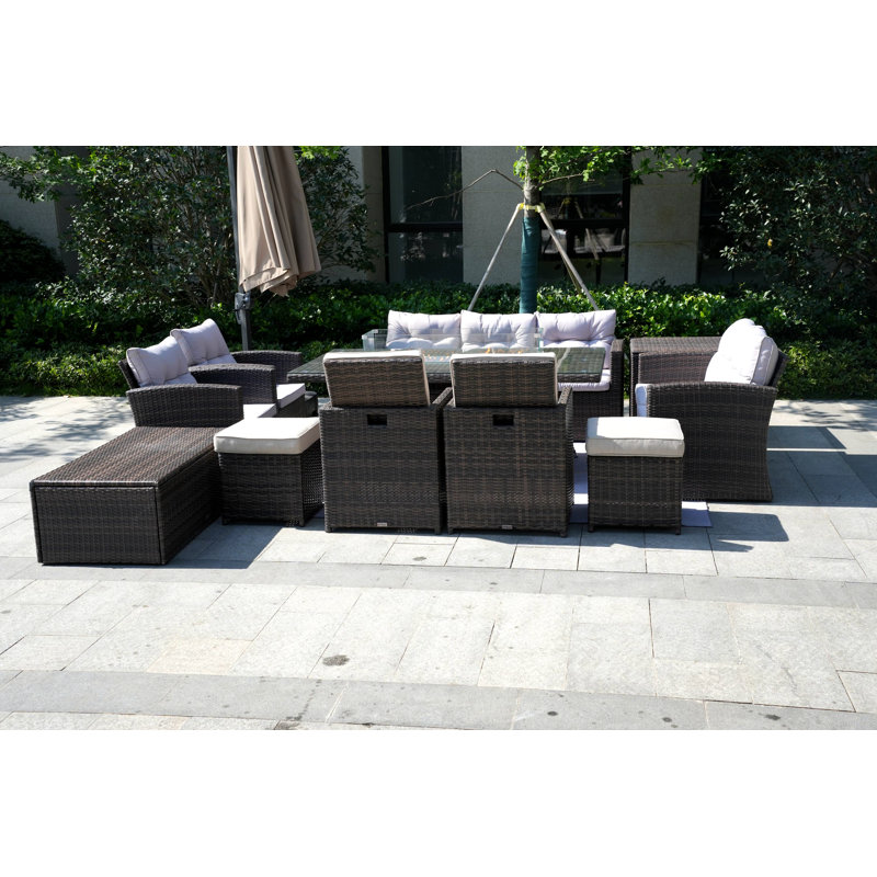 Ensemble de conversation en osier / rotin pour 11 personnes avec coussins mixtes beige et gris Leonard