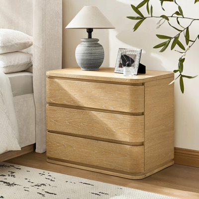 Waynesville Modern 30"W 3-Drawer Oak Wood Fully Assembled Nightstand with Built-In Powerstation and USB