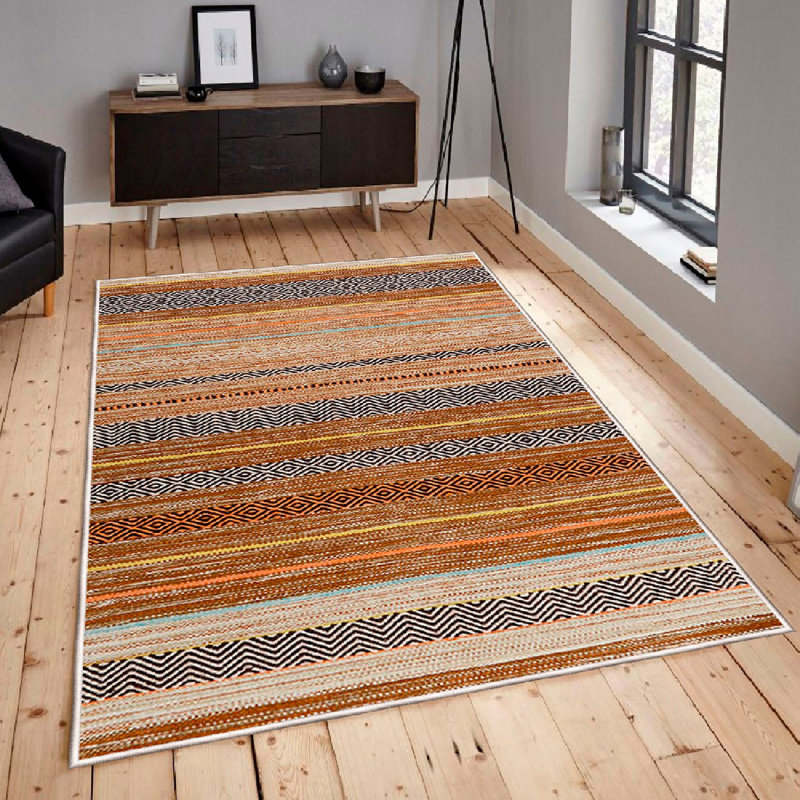 Luxurious 100% Cotton Area Rug, 3.3 x 9.8 ft | Antibacterial, Non-Slip PVC Underside, Dot Base | Pile Height: 0.4 in, Total Thickness: 0.3 in | Machine Washable, Elegant Cream & Orange Design | Perfect for Living Room & Bedroom