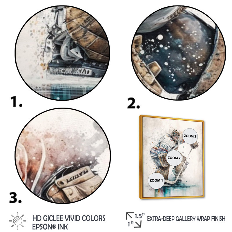 Hockey sur toile pendant le jeu III - art sur toile, H 32 po x l 24 po x P 1 po, Cadre flottant doré