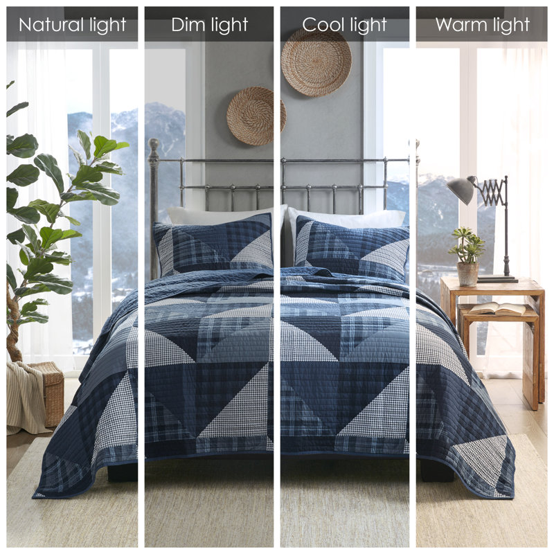Blue Cotton Patchwork Full Quilt Set with Shams