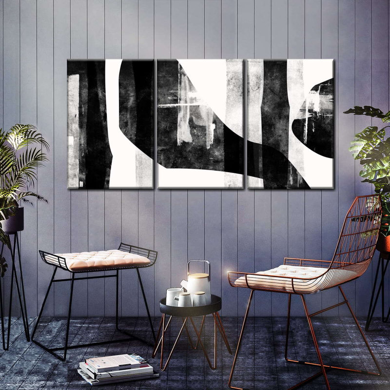«Abstract Black Ink Abstract», ensemble de 3 reproductions sur toile par Daniel P, H 12 po x l 26 po x P 1 po