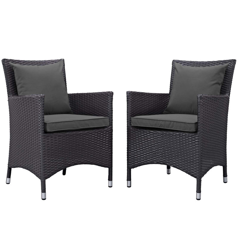 Espresso Wicker Coastal Club Dining Chairs with Beige Cushions, Set of 2