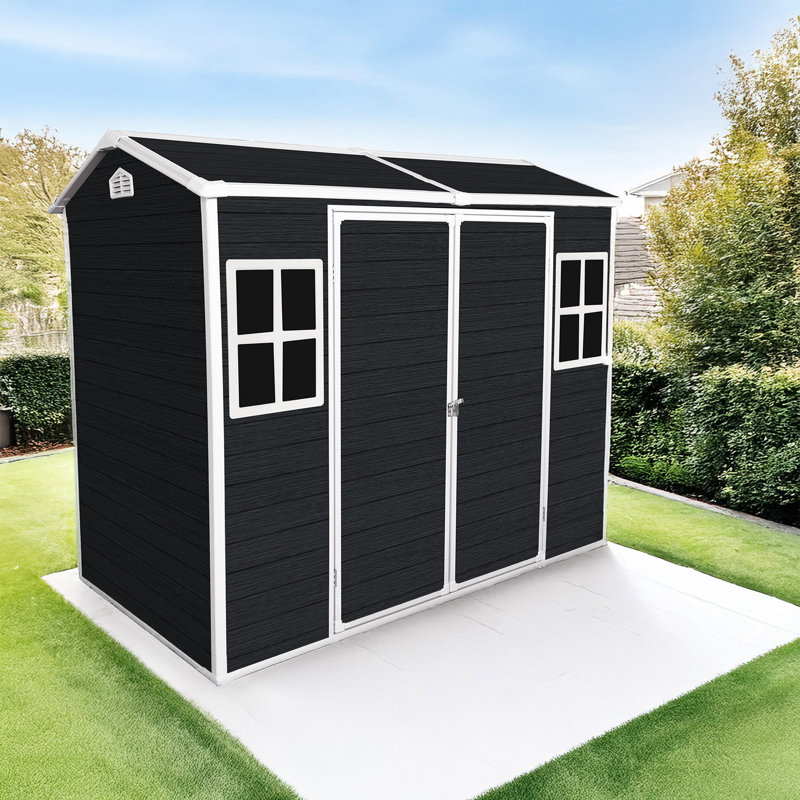 Rangement extérieur en plastique de 8 pi x 4 pi avec cadre en acier, 2 fenêtres et porte verrouillable à double couche en résine pour patio pour outils de jardin