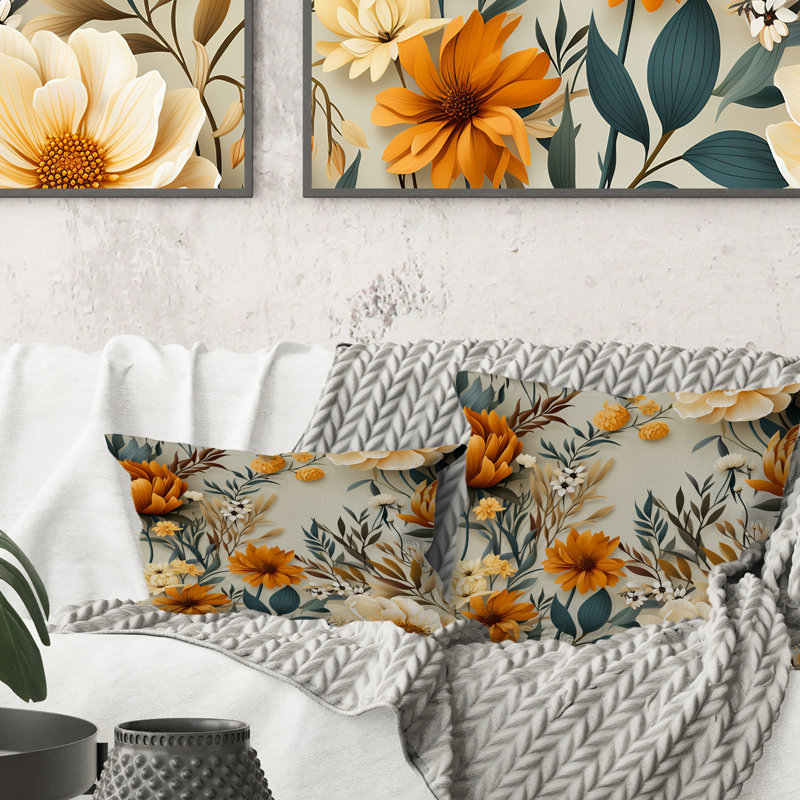 Harmonie botanique naturelle orange et verte - Coussin décoratif imprimé botanique, 16 po x 16 po