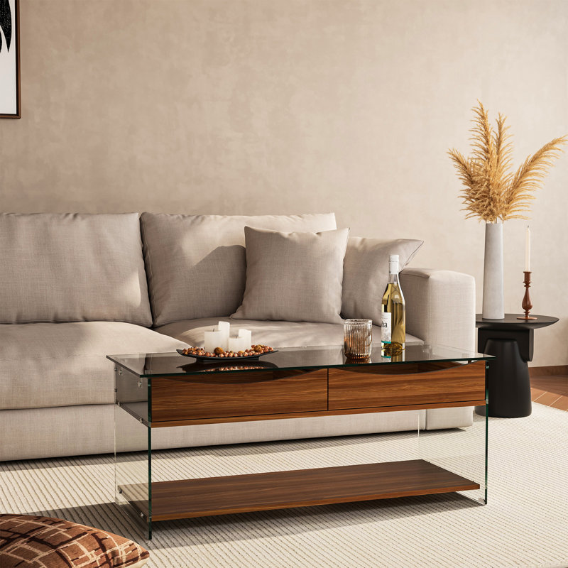 43'' W Rectangular Coffee Table with Tempered Glass Top, Walnut Finish, Drawers & Open Shelf